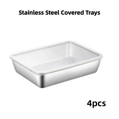 TEMU 4pcs Stainless Steel Covered Trays, 9.84in X 7.87in - Multifunctional Refrigerator Fresh-keeping Boxes, Vegetable Preparation Tray