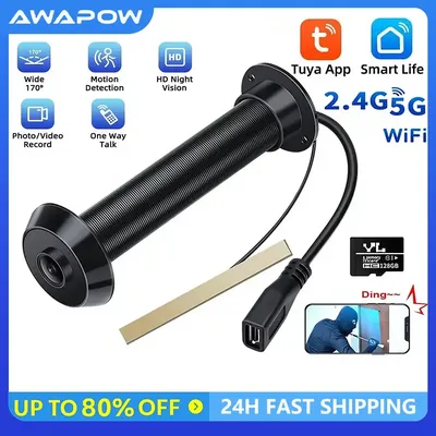 Awapow Tuya Door Peephole Viewer Smart Wifi Video Doorbell 2.4G/5G Mini Camera 170° Angle Night Vision 1080P Motion Detection