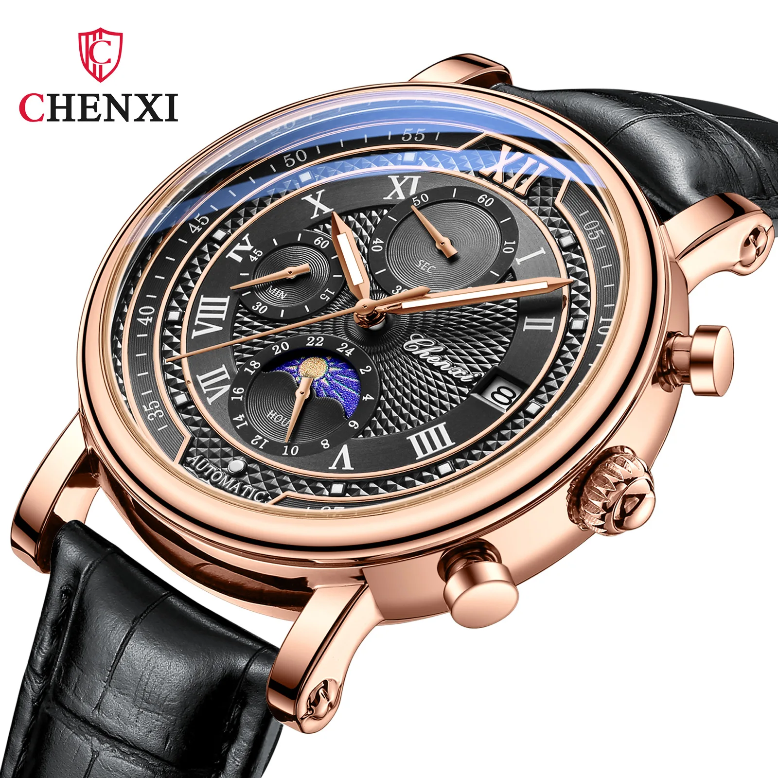 CHENXI 976 Herren-Quarz-Armbanduhr, Kalender, Mondphase, Lederarmband, wasserdicht, Business, leuchtende Chronographenuhren für Herren Image