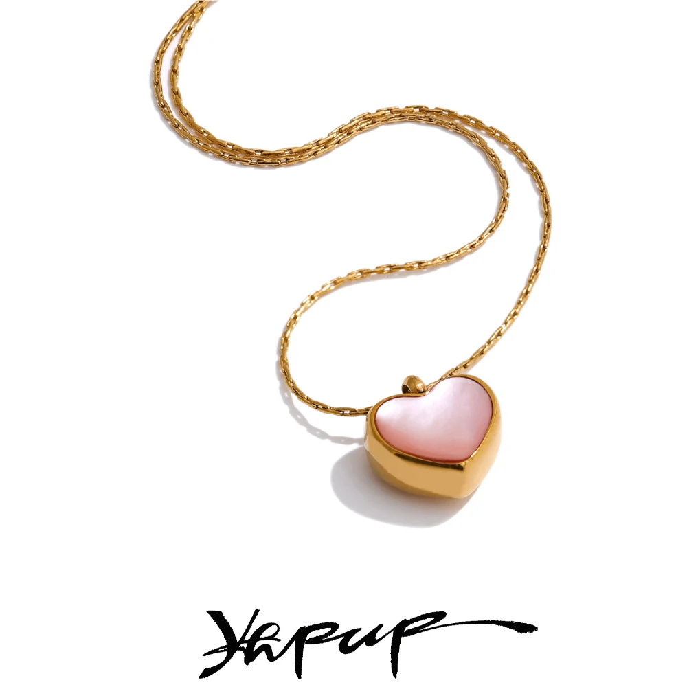 Yhpup Valentinstag Geschenk Rosa Muschel Herz Dicke Halskette Anhänger Edelstahl Niedlicher Charme Exquisiter Schmuck Neu Image