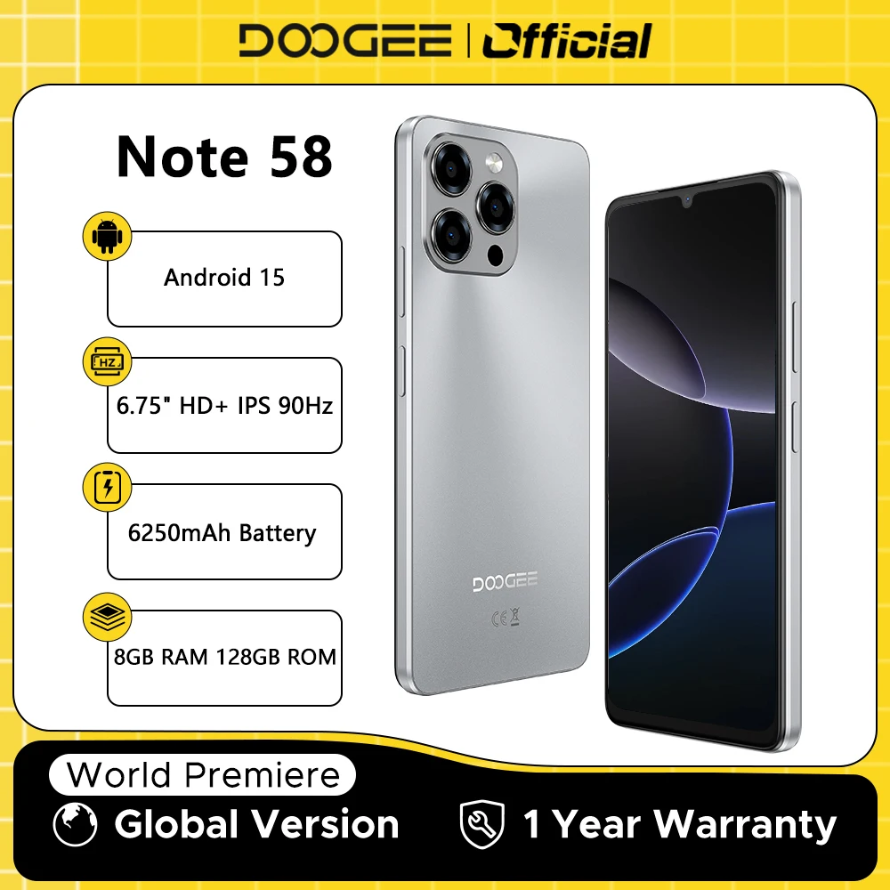 Globale Version DOOGEE Note 58 8 GB RAM 128 GB ROM 6,75 Zoll HD+ 90 Hz IPS-Bildschirm 6250 mAh Großer Akku NFC Android 15 Smartphone Image