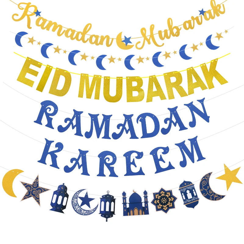 EID Mubarak-Banner, glitzernde Sterne, Mond, hängende Wimpelkette, Girlande, Ramadan, Kareem, Dekor für Zuhause, 2025, islamisches muslimisches Partyzubehör Image