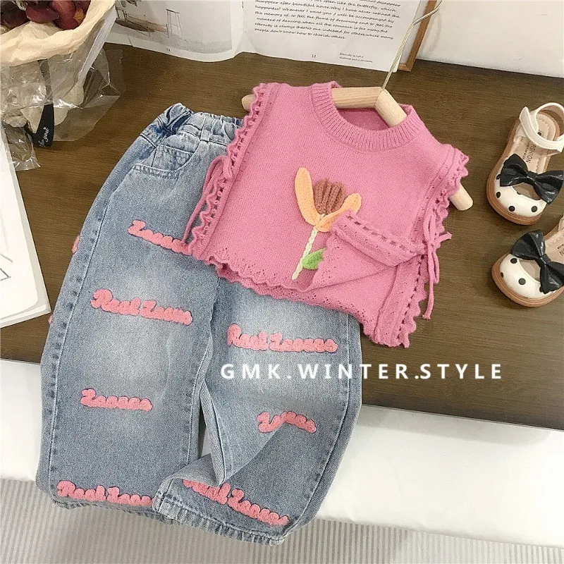 Set di abbigliamento per bambini 2-7 anni Gilet lavorato a maglia rosa + jeans Completo estivo Set di abbigliamento per neonati per bambini Abbigliamento per bambini