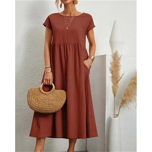 Per donna Abito Midi Abiti ispirati al lino Vestito Casual Abito in cotone e lino Abito a trapezio Elegante Casual Vacanza Quotidiano Data Vestibilità regolare Semplice Manica Corta Girocollo Bianco