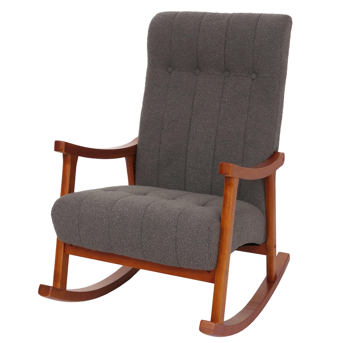 Mendler Schaukelstuhl HWC-K10, Relaxsessel, Holz FSC® Stoff/Textil Bouclé (450g/m²) ~ dunkelgrau, Gestell Walnuss-Optik Image