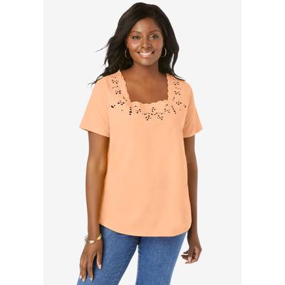 Plus Size Women's Stretch Cotton Eyelet Cutout Tee by Jessica London in Peach Fuzz (Size 12) Short Sleeve T-Shirt