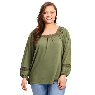 Plus Size Women's Crochet Trim Top by Avenue in Olive Green (Size 20)