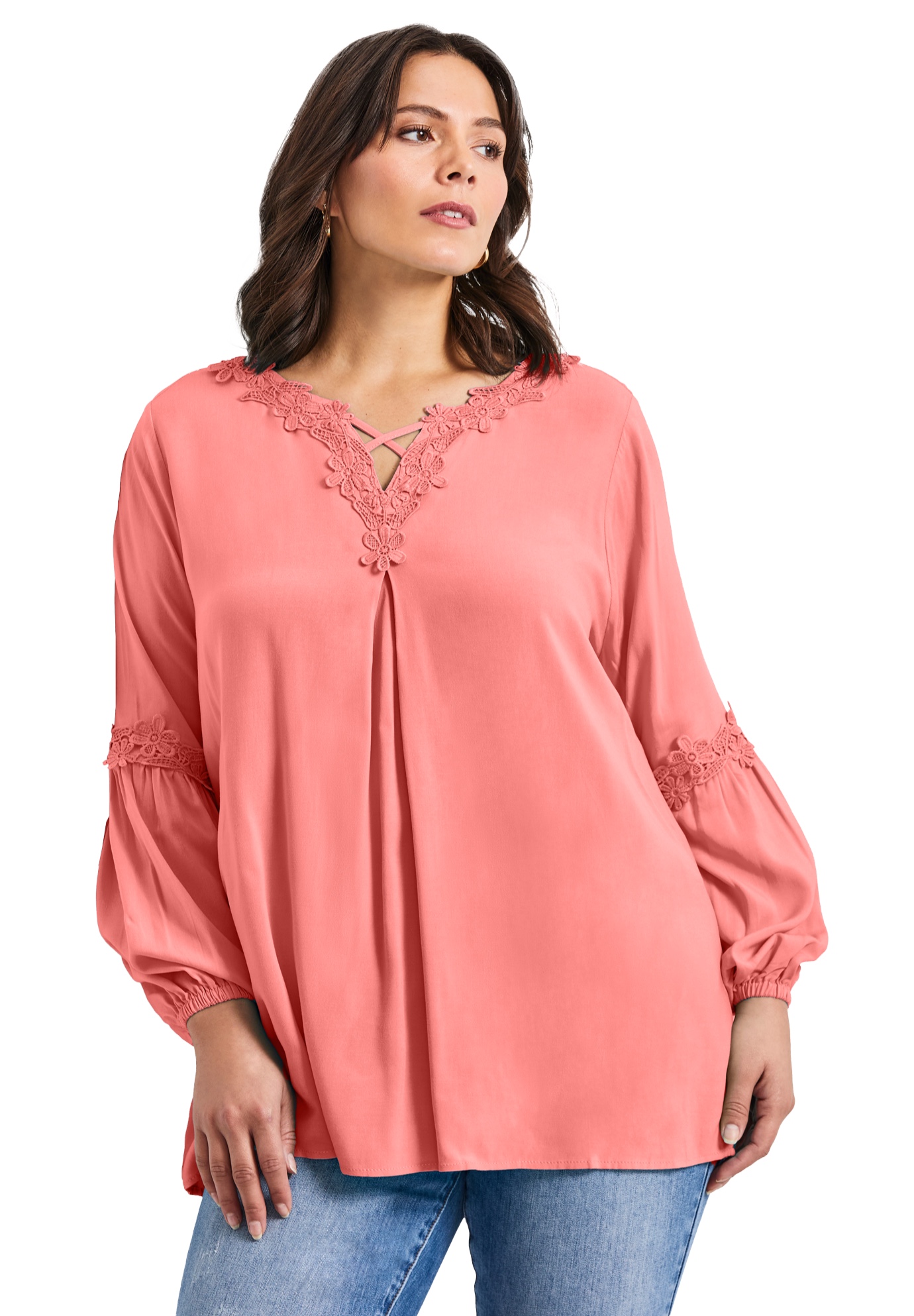 Plus Size Women's Crochet Lace Trim Top by Avenue in Sweet Coral (Size 20)