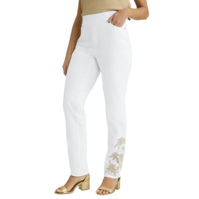 Plus Size Women's Comfort Waist Stretch Denim Straight Leg Jean by Jessica London in White Floral Embroidery (Size 14) Pull On Stretch Denim