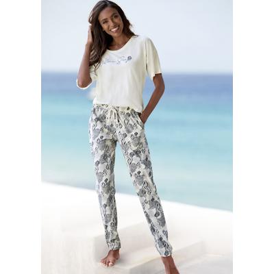 Pyjama VIVANCE DREAMS, Damen, Gr. 32/34, beige (creme, gemustert), Single Jersey, Obermaterial: 60% Baumwolle, 40% Polyester, gemustert, unifarben, feminin, bequem lang, Rundhals, Kurzarm abgesteppt, Homewear-Sets, Allover-Druck Image