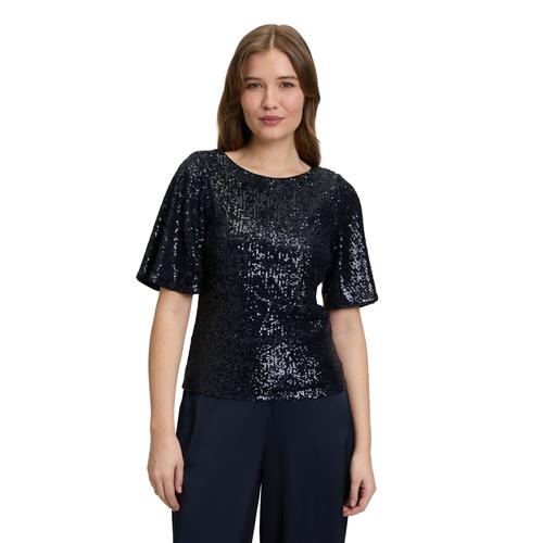 Kurzarmshirt VERA MONT ""Vera Mont Pailletten-Bluse mit Flügelärmeln"", Damen, Gr. 34, blau (night sky), Obermaterial: 93% Polyester, 7% Elasthan. Futter: 100% Polyester., festlich, figurbetont normal, Rundhals, Halbarm, Shirts, Pailletten