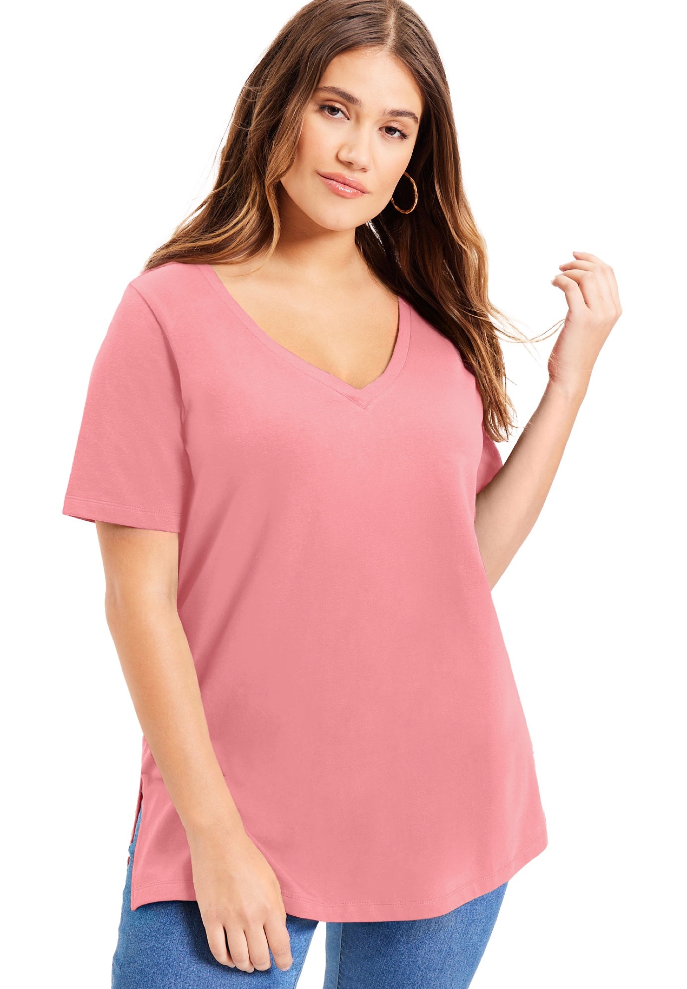 Plus Size Women's Short-Sleeve V-Neck One + Only Tunic by June & Vie in Strawberry Ice (Size 22/24)