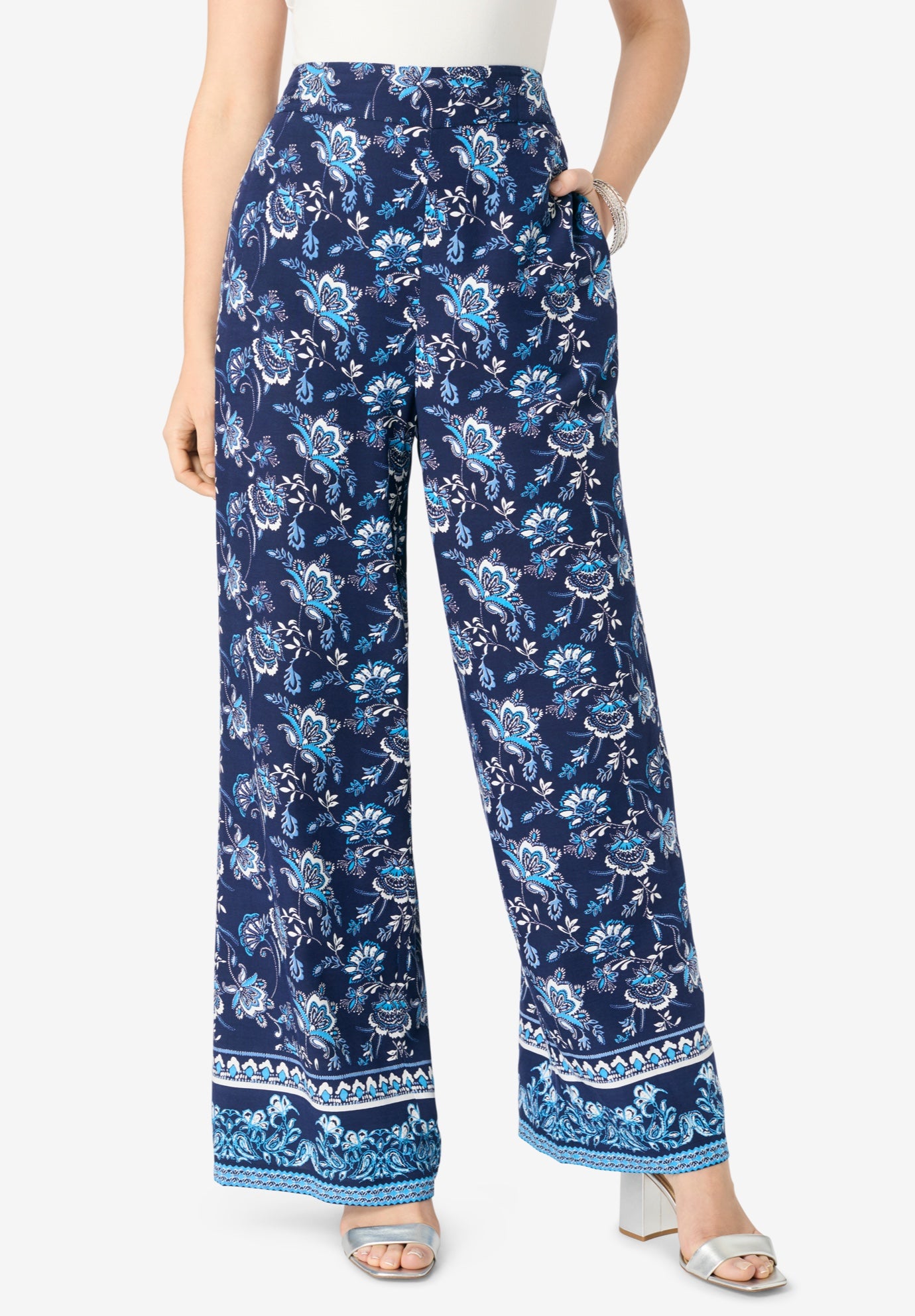 Plus Size Women's Plus Size Printed Wide Leg Pant by Roaman's in Navy Porcelain Border (Size 38 W)