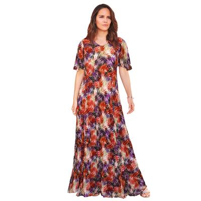 Plus Size Women's Flutter Sleeve Crinkle Dress by Roaman's in Warm Multi Palm (Size 22/24)