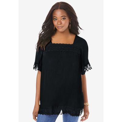 Plus Size Women's Hand Crinkled Embroidered Lace Top by Roaman's in Black (Size 30 W)