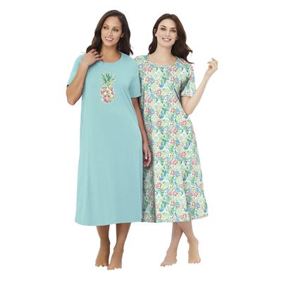 Plus Size Women's 2-Pack Long Sleepshirts by Dreams & Co. in Aqua Haze Tropical (Size M/L) Nightgown