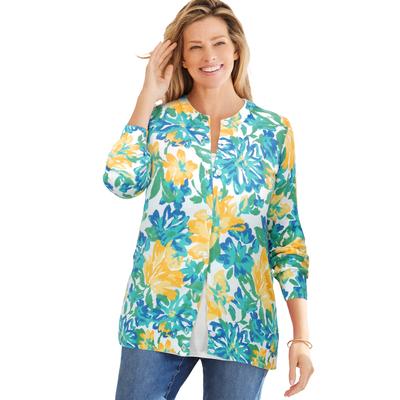 Plus Size Women's Perfect Long-Sleeve Cardigan by Woman Within in Yellow Painted Floral (Size 6X) Sweater