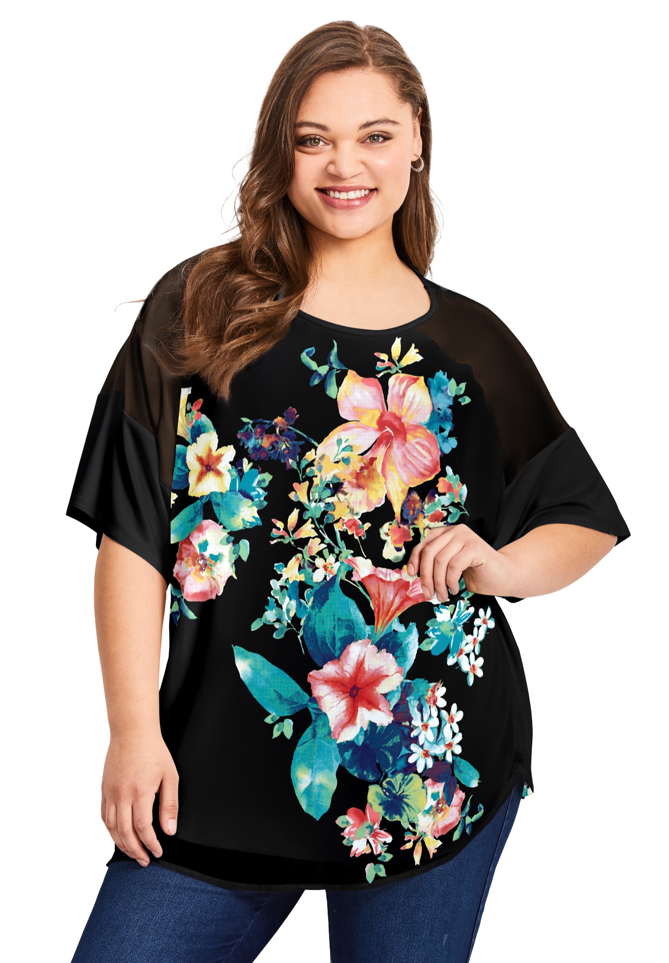 Plus Size Women's Mixed Media Floral Print Top by Avenue in Black Multi Bouquet (Size 26/28)