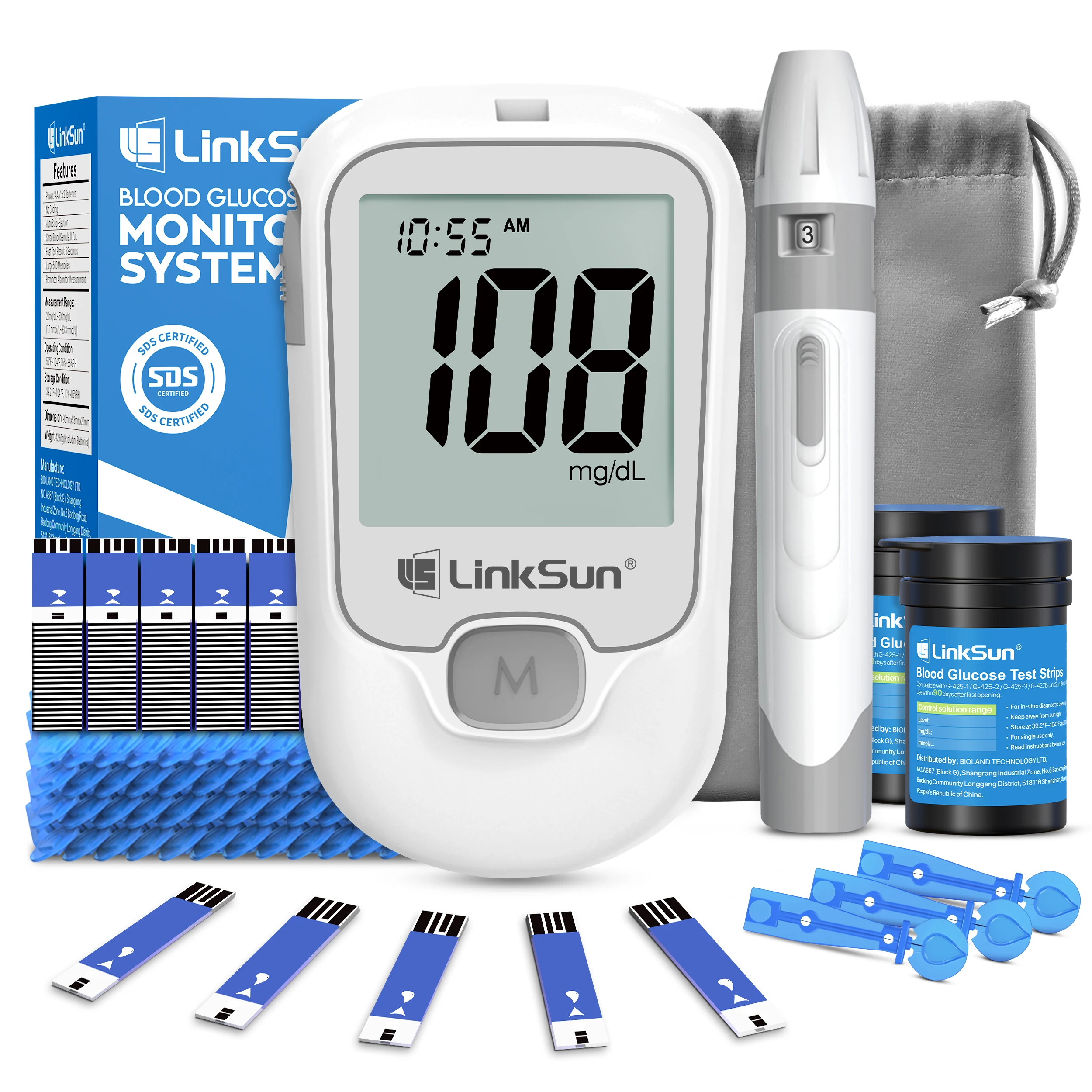 LinkSun G-425-1 Blutzuckermessgerät-Set, 50/100 Stück, Teststreifen, Lanzetten für Diabetes-Monitor, digitales Glucometer, Blutzuckermessgerät Image
