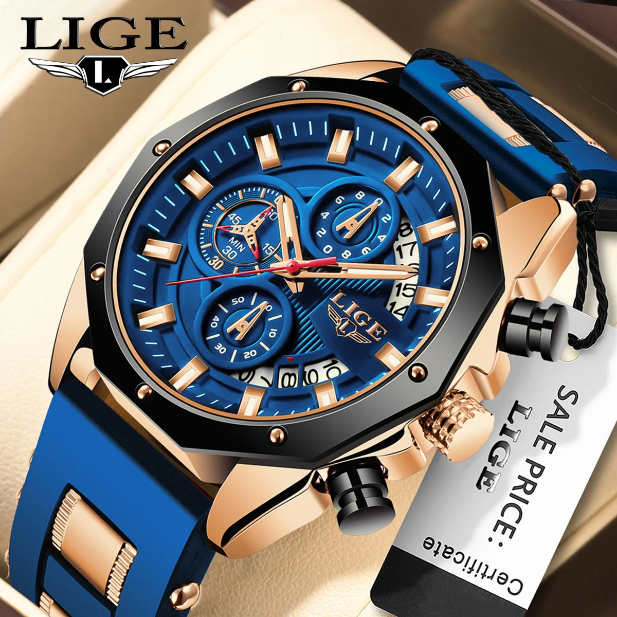 LIGE Herrenuhr, modisch, Militärkalender, Sport-Herrenuhr, blaues Silikonarmband, wasserdicht, Chronograph, Quarzuhren für Herren Image