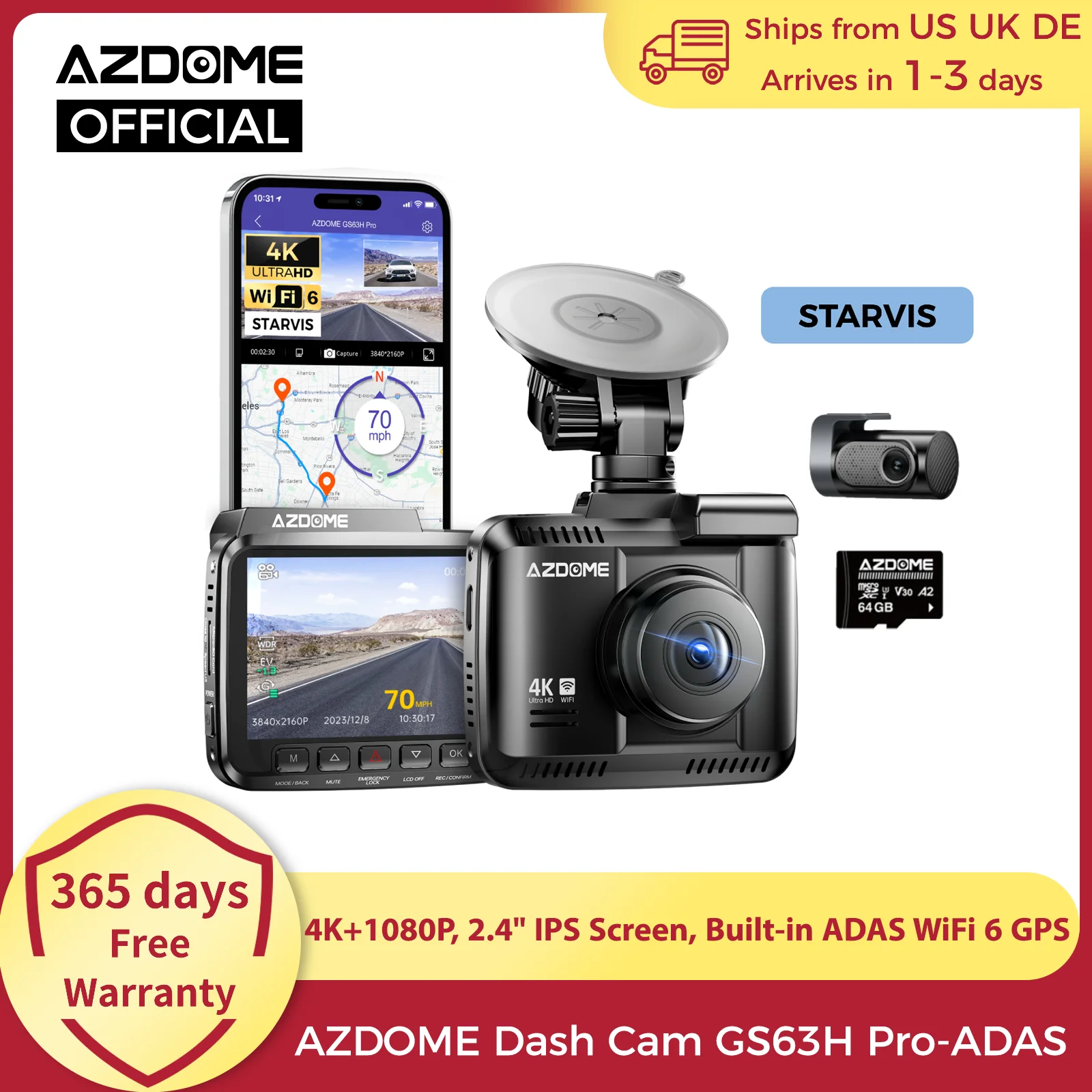 AZDOME Dashcam GS63H Pro 4K + 1080P 2,4-Zoll-IPS-Bildschirm 150 ° FOV Integrierter ADAS WiFi 6 GPS Auto DVR G-Sensor 24H Parkmonitor Camare Image