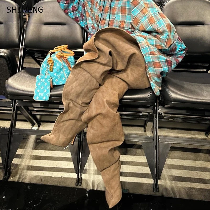 2025 Damenstiefel über dem Knie, Wildleder, spitzer Zehenbereich, dünner Absatz, Slip-On, Cowboy-Mode, Runway-Show, sexy, prägnanter Damenschuh, Neu 44