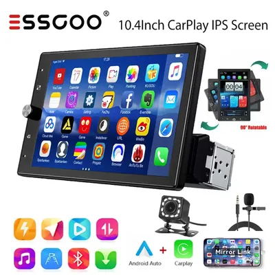 ESSGOO 10,4" Single Din Autoradio mit drehbarem Touchscreen, kabellosem CarPlay, Android Auto, Bluetooth, GPS, Navigation, Head Unit, Radio, Player, USB, AUX, TF, Mikrofon und Kamera.