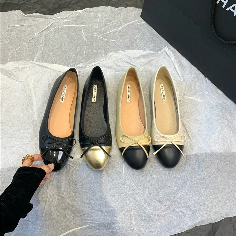 Scarpe basse da donna in pelle Punta tonda alla moda Ballerina casual con fiocco Scarpe da balletto Mocassino morbido Nero con scarpe Lolita beige