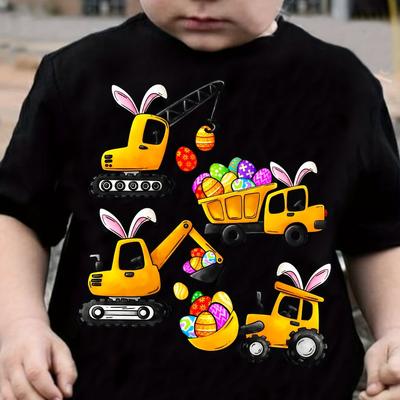 TEMU Boys' Easter Construction Vehicle Graphic T-shirt - Black Short Sleeve With Cartoon Excavator & Egg Design, Casual Polyester Tee For , Machine Washable