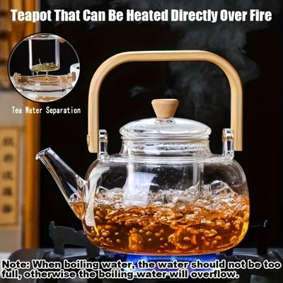 TEMU 1pc High Borosilicate Glass Teapot With Bamboo Handle, Removable Infuser, Heat Resistant