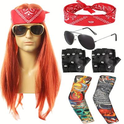 TEMU 7pcs 70s 80s Rocker Costume Heavy Metal Wig Men Women Hippie Wig With Bandana Fashion Glasses Punk Gloves Tattoo Sleeves For 80s Punk Party Accessories, For Halloween Party Dressing Up