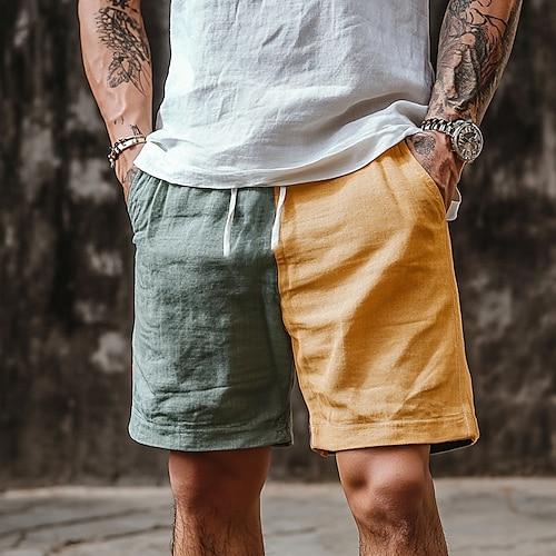 Herren Shorts Leinenshorts Sommershorts Strandshorts Patchwork Elastischer Bund Kordelzug Farbblock Komfort Atmungsaktiv Knielang Outdoor Täglich Ferien Retro Vintage Lässig Grün