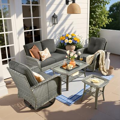 OVIOS 5-piece Patio Wicker Deep Seating Swivel Rocking Chair Set