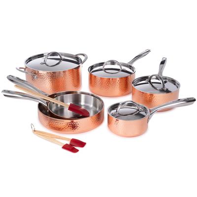 BergHOFF Vintage 13Pc Tri-Ply Copper 18/10 Stainless Steel Cookware Set With Stainless Steel Lids and Spatula Set, Hammered