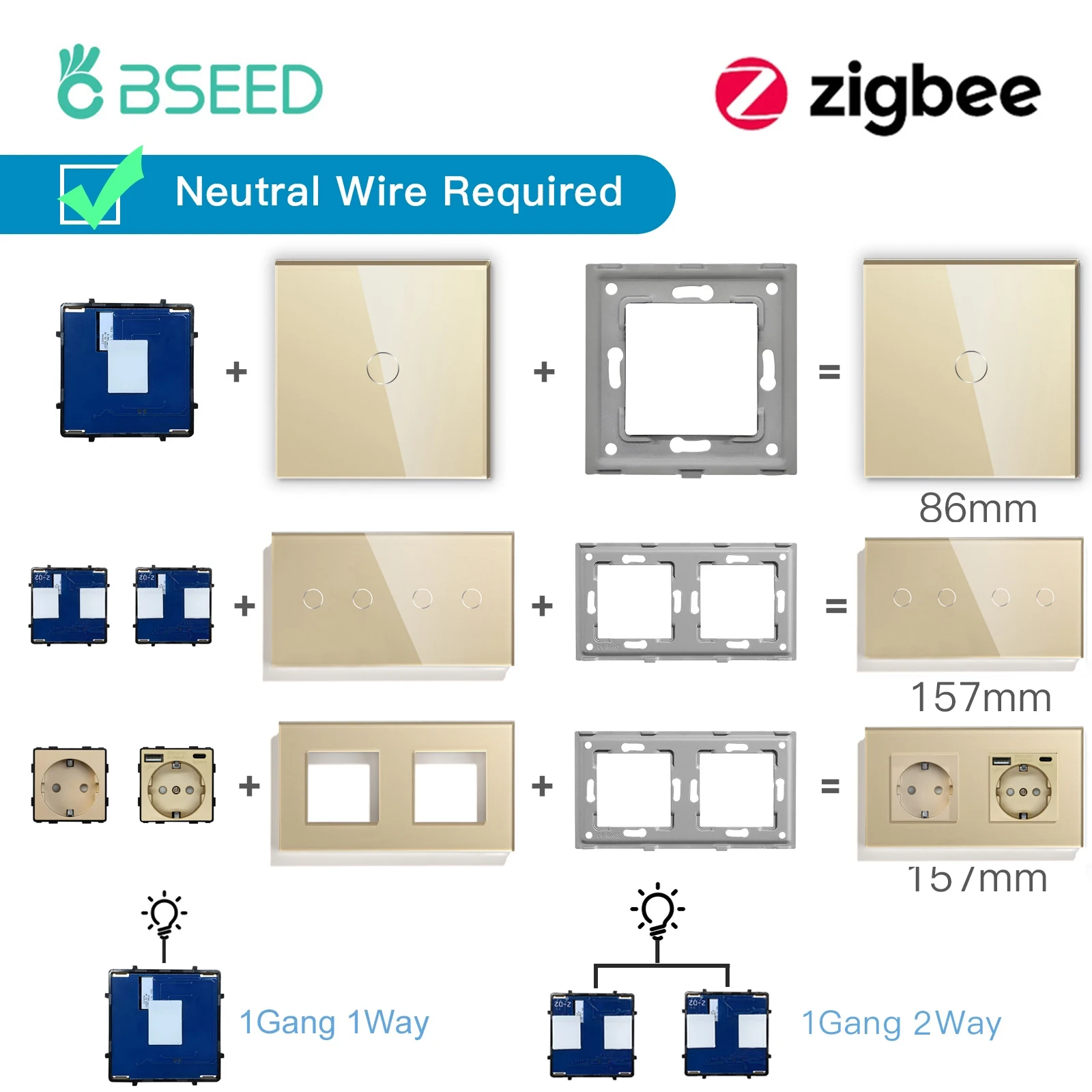 Besamen ZigBee Touch Smart Switches Funktions basis/3way Tuya Smart Life App Glasscheibe Rahmen EU-Sockel Stecker kostenlose Kombination Image