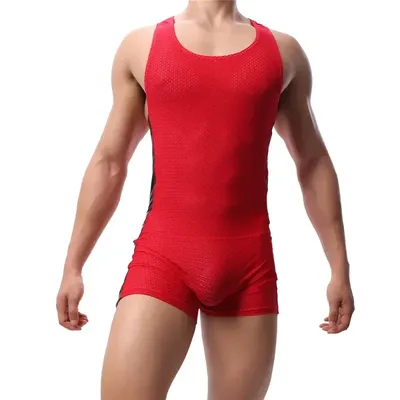 Ärmelloser Herren-Body, sportlich, Fitness, Wrestling-Singlet, atmungsaktives Mesh-Trikot, Sport-Overall, einteilige Herren-Unterhemden Image