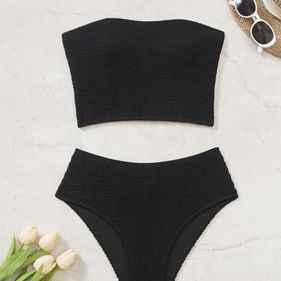 TEMU Summer Beach Women Solid Color Ruched Bandeau Top And Swim Bottom Minimalist Fashion Tankini Image