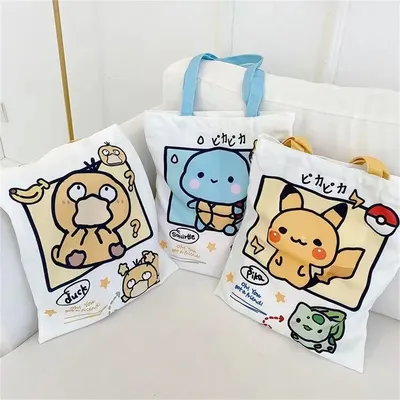 Kawaii Pikachu Canvas Tote Squirtle Psyduck Cute Daily Portable Handbag Shopping Grocery Reusable