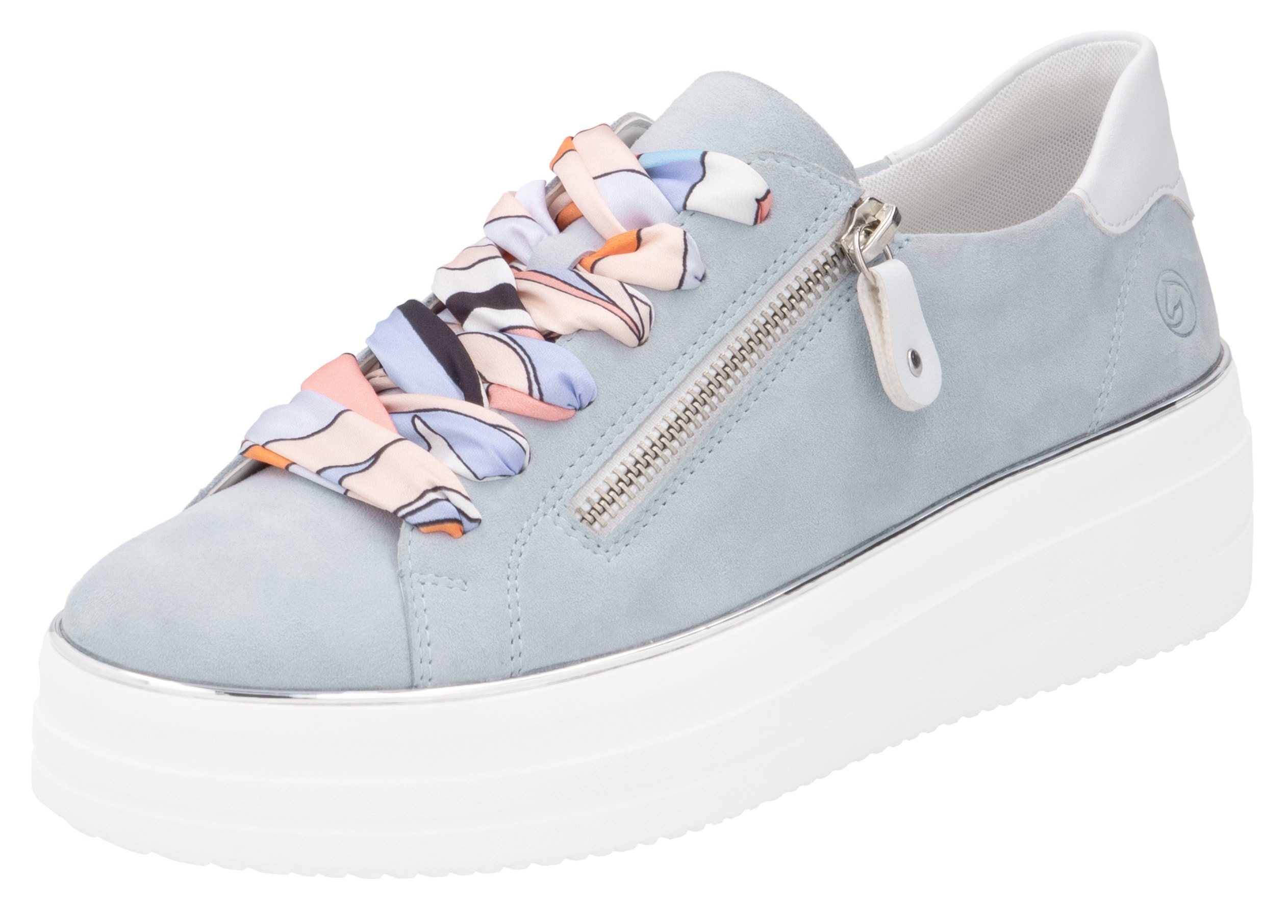 Plateausneaker REMONTE, Damen, Gr. 38, weiß (hellblau, weiß), Veloursleder, kontrastfarbene Details, Schuhe Plateausneaker, Freizeitschuh, Halbschuh, Schnürschuh mit seitlichem Reißverschluss