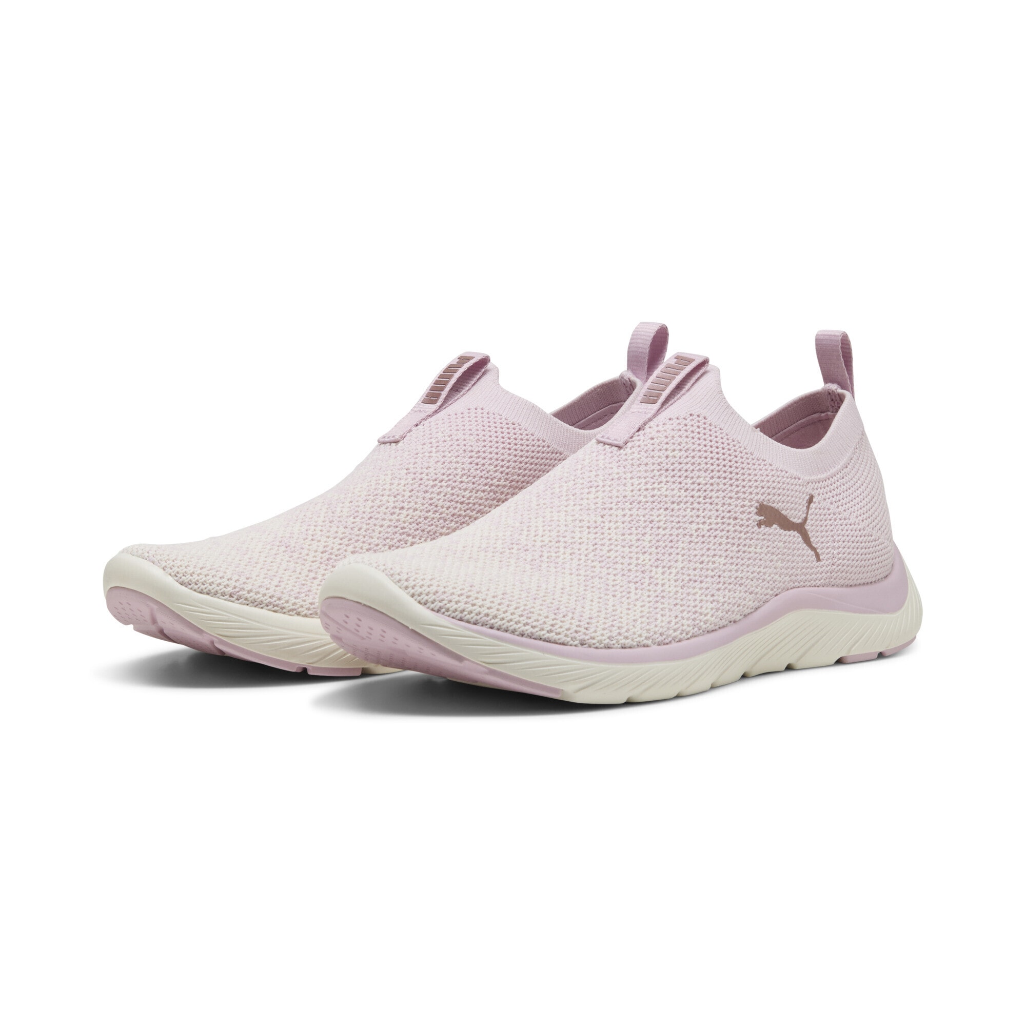 Trainingsschuh PUMA "Softride Premier Slip-On Strick-Laufschuhe Damen", Damen, Gr. 42, weiß (rose mauve warm weiß gold pink metallic), Obermaterial: Synthetik, Textil; Futter: Textil; Innensohle: Textil; Laufsohle: Synthetik, Gummi, Schuhe