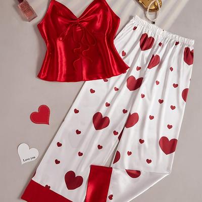 TEMU Women's Fashion 2pcs Set With Lace-up Vest And Wide-leg Pants With Heart Print, Valentine's Day Gift Image