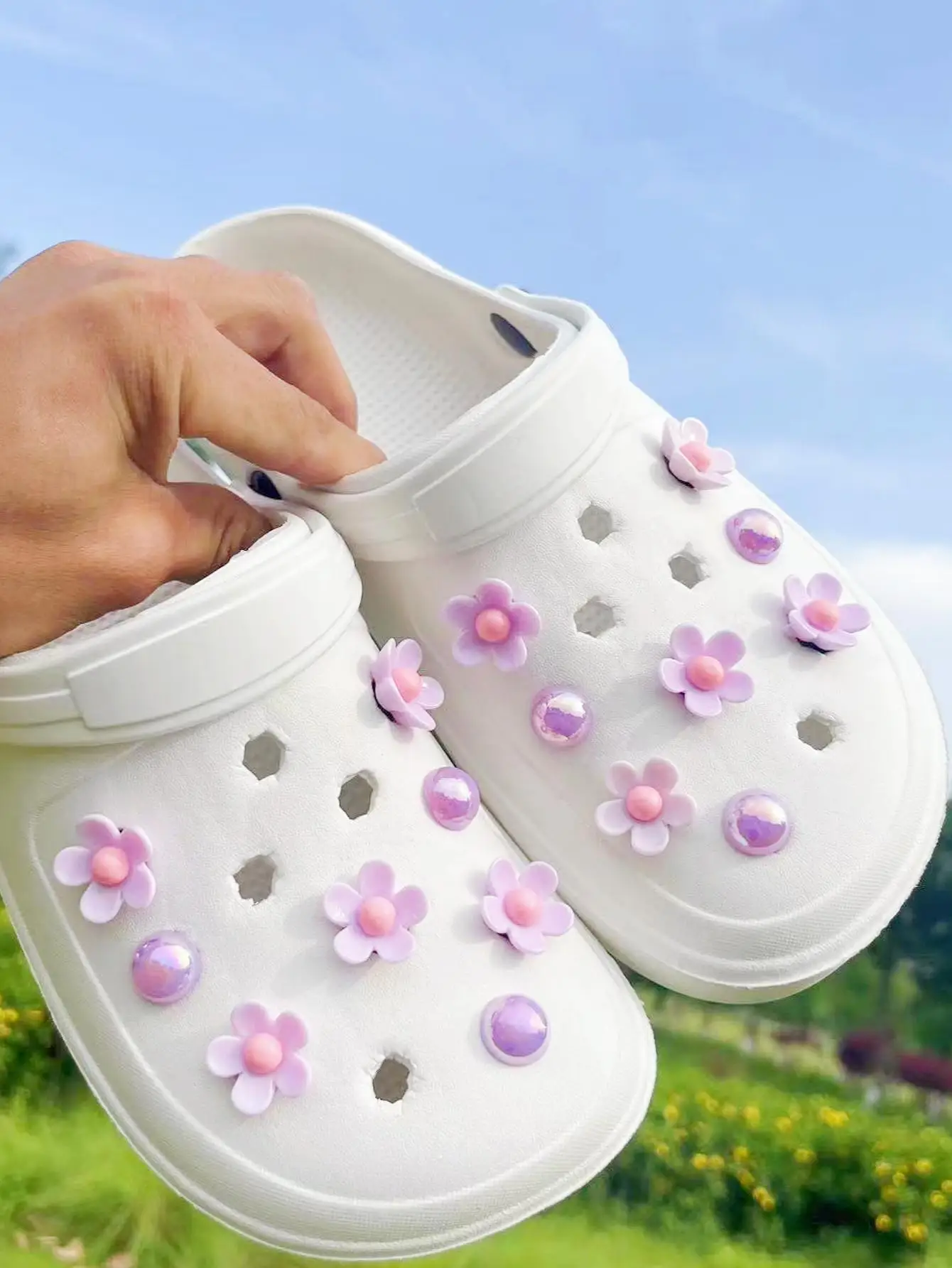 16 Teile/satz Garten Schuh Zubehör Verschluss Abnehmbare 3D DIY Blume Lila Krawatte Schuhe Zubehör Strand Schuhe Sandalen Schuhe Deco