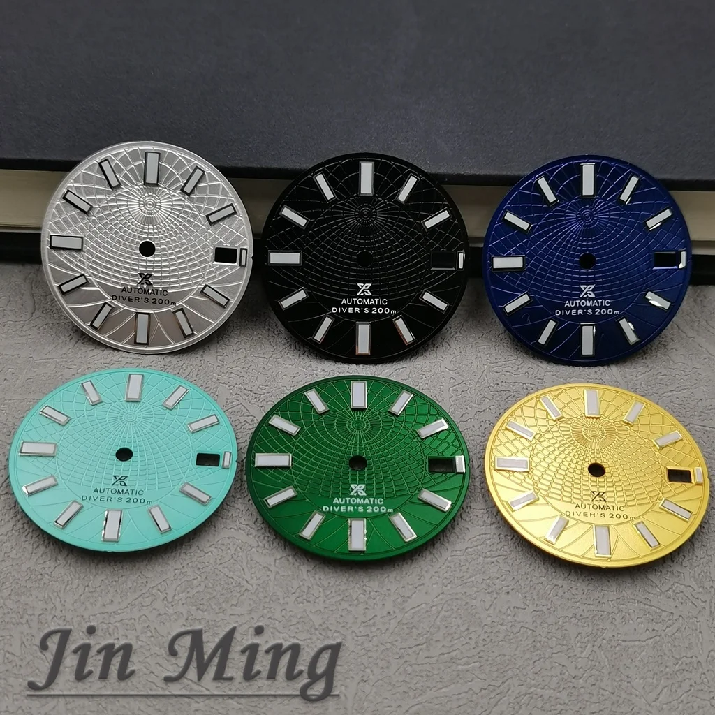 Hochwertiges 28,5 mm silbernes Gold-Schwarz-Blau-Datumsfenster-grünes leuchtendes aseptisches Zifferblatt, passend für NH35/NH36/4R/7S-Automatikwerk Image