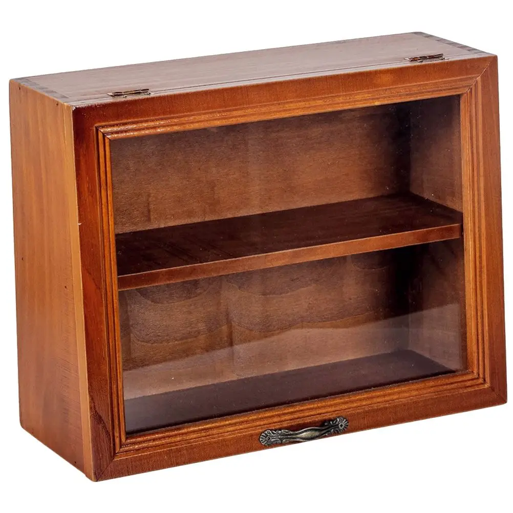 Vitrine aus Holz mit Acryltür, 2-stufiger Schreibtisch, Vintage-Stil, kleiner Vitrine, Schreibtisch-Organizer für Sammlerstücke
