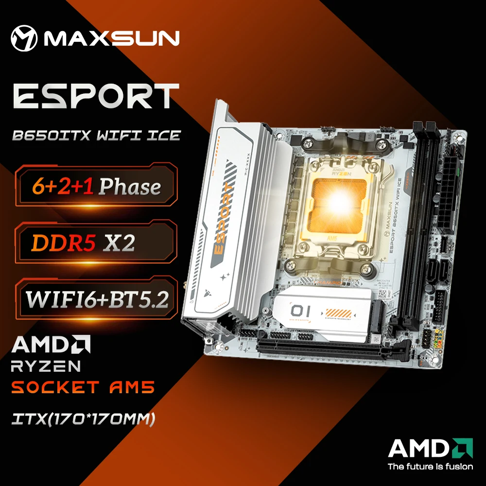MAXSUN B650M Motherboard ITX AMD Ryzen AM5 DDR5 Unterstützt 4800/5200/5600-8000 (OC+) Speicher Pcie5.0x16 2*Pcie4.0x4 M.2 ARGB WIFI 6 Image