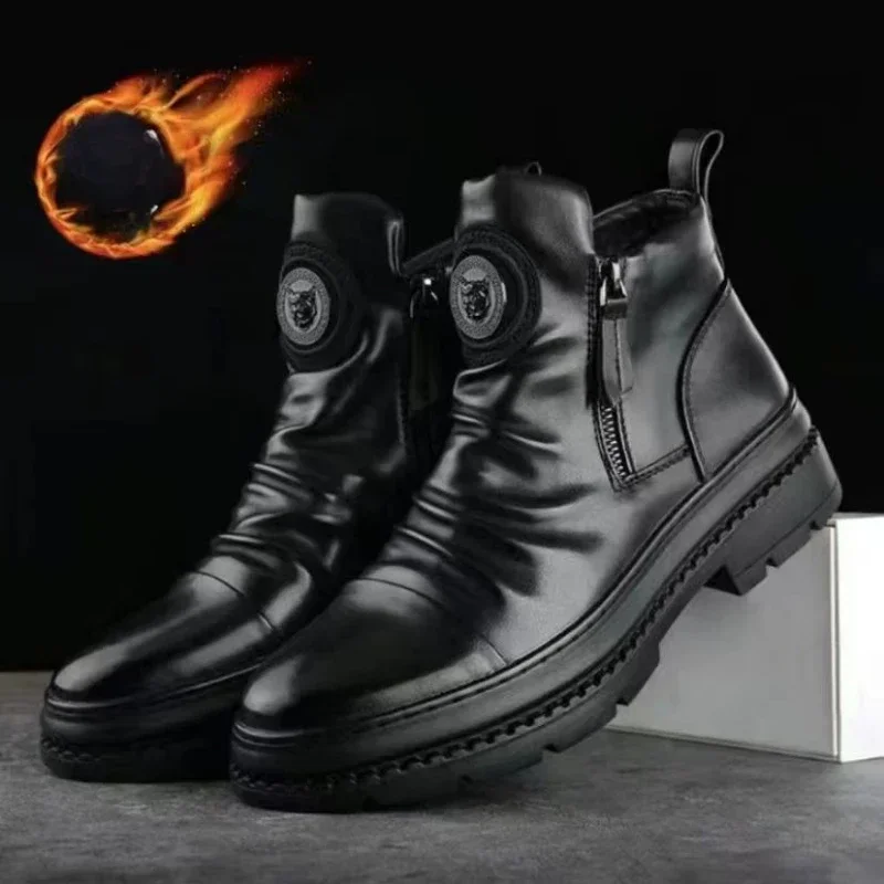 Neue Winter Retro Warme männer Stiefeletten Leder schuhe männer High Top schuhe mann Samt Motorrad stiefel männer botines botas Image