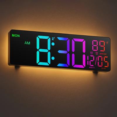 TEMU 10.5 -inch Large Screen Digital Hanging Clock With Remote Control Double Alarm Clock 8 Rgb Color Automatic Summer Living Room Bedroom Temperature Display Decoration And Festival Gifts