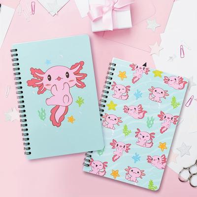 TEMU 2pcs A5 Axolotl Spiral Notebook Set, Animal Themed Journal, Mexican Walking Fish Pattern, Lined Pages, For Office, School, Home, Diary, Gift