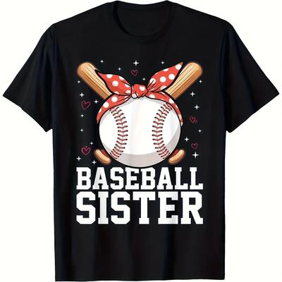 TEMU Baseball Sisters ' T-shirt - Soft Cotton, Breathable, Comfortable Short Sleeve With Baseball & Hearts Graphic - Perfect Gift For Boys And Girls, Casual Spring/summer Wear