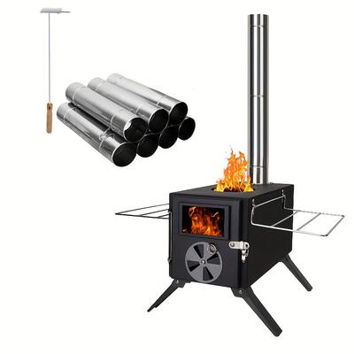 TEMU Portable Camping Tent Wood Stove With 7 Stainless Steel Chimney Pipes, Carbon Steel Material, For Tent, Shelter Outdoor Cooking